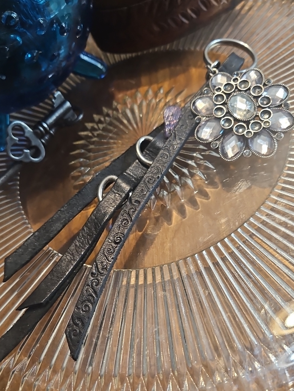 Handmade Genuine Leather Tassel Keychain Purse Charm w Crystal Flower Accent NEW